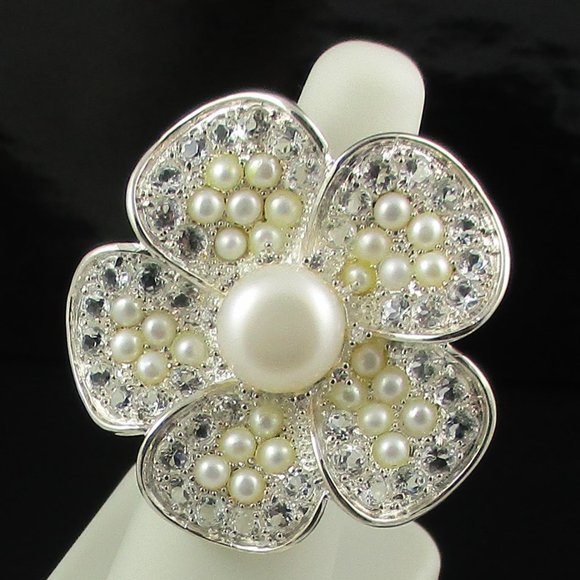 Cultured Pearl & White Topaz Flower Ring - Picture 7 of 10